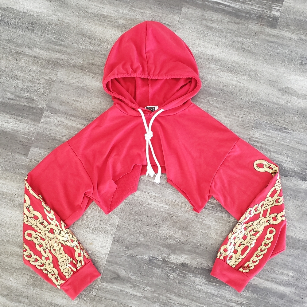 Red Gold Chained Cropped Hoodie Long Sleeve